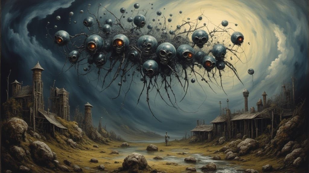 Menacing Insect Swarm Descends, in Oil Painting Style