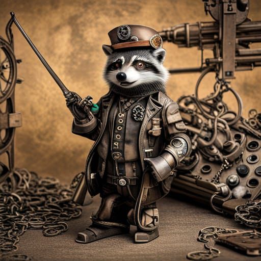 Steampunk Raccoon Military General with Engine
