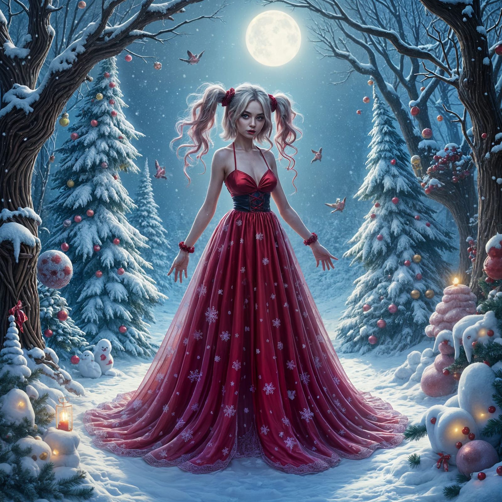 Harley Quinn in Festive Christmas Dress in Winter Wonderland