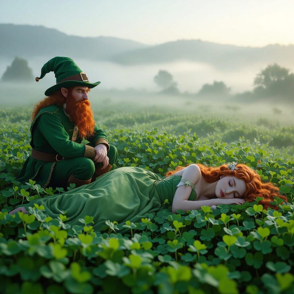 Leprechaun Watches Over Sleeping Goddess in Clover Field
