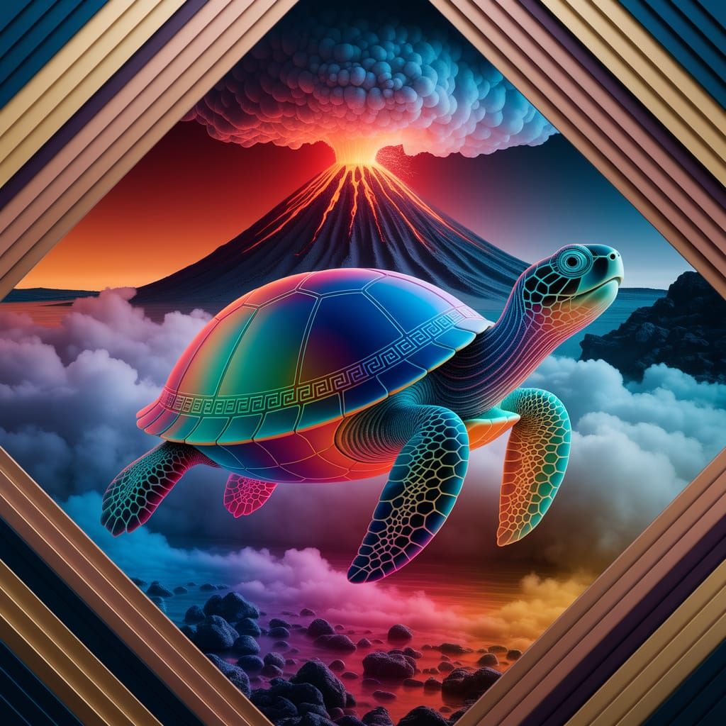 Vibrant, Surreal Turtle Adorned with Greek Patterns in a Rad...