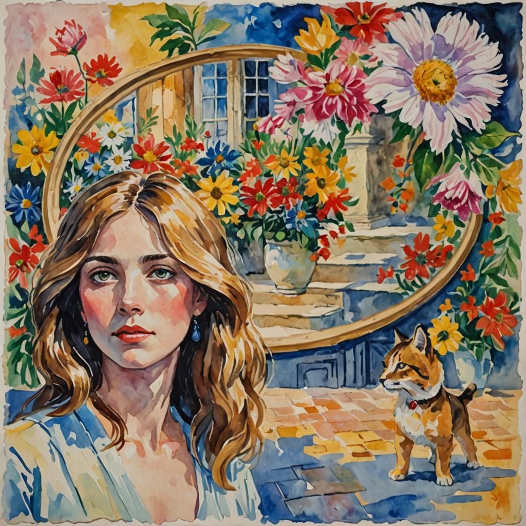 Young Woman in Gouache Style Impressionist Painting