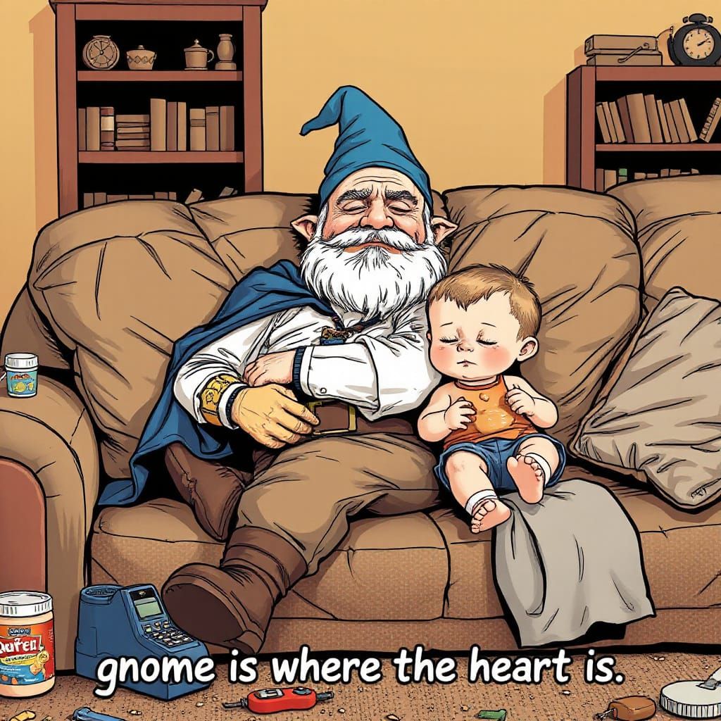 Gnome Superhero Dad Asleep, Comic Book Style