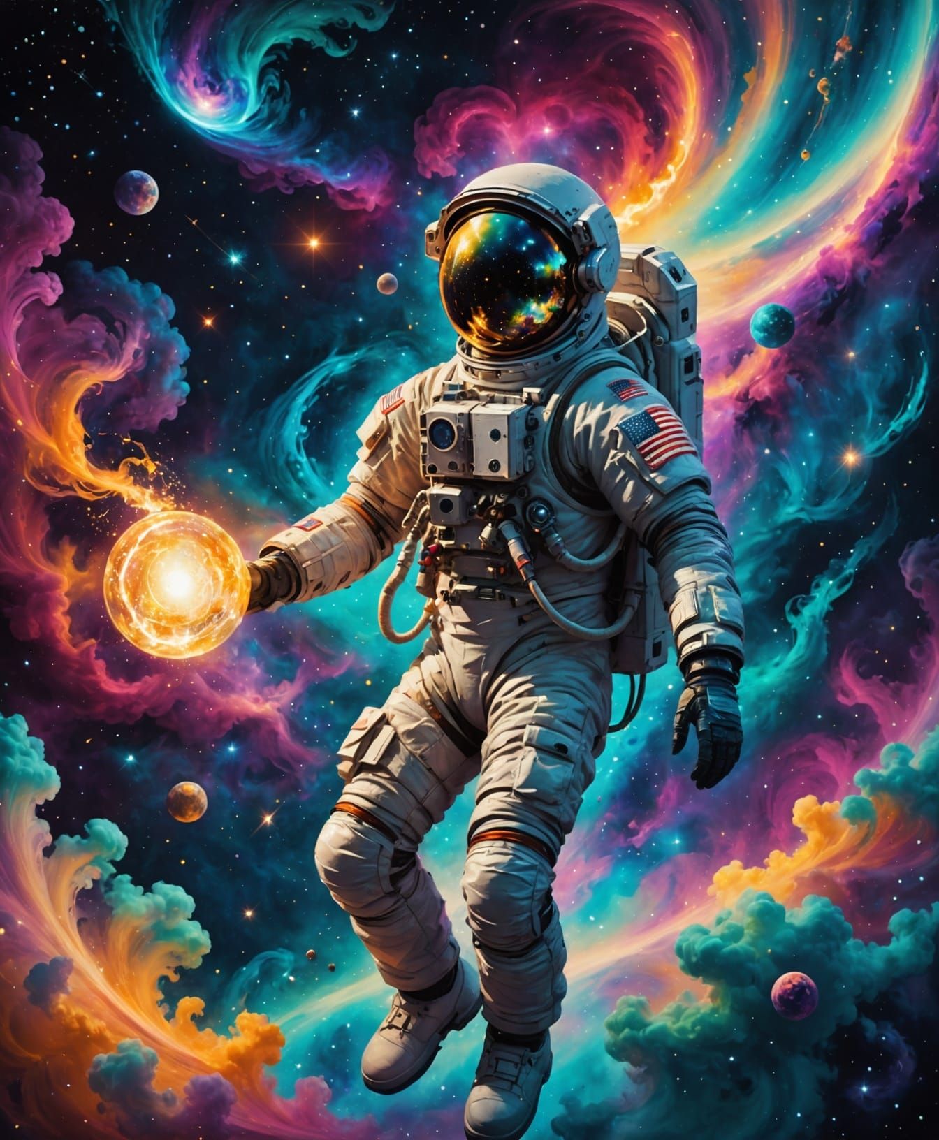 Astronaut with Celestial Lantern in Nebula