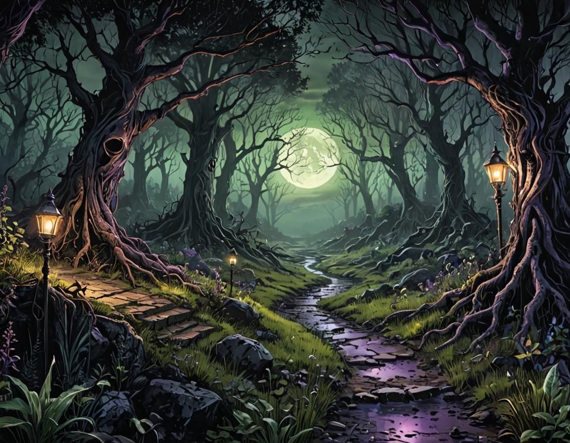 Mysterious Woodland Realm in Dark Realism Style