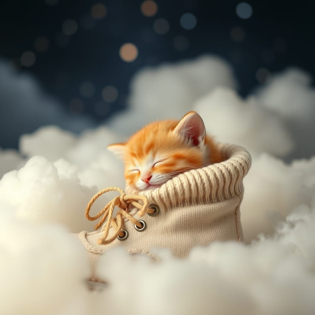 Kitten Sleeping in Boot Amidst Starry Night