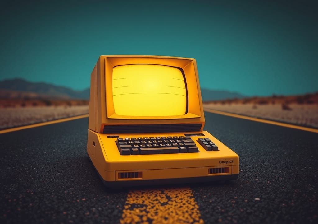 Retrofuturistic Computer on Asphalt Road