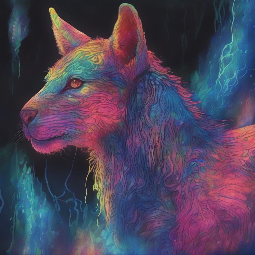 Whimsical Folk Art Creature in Neon Iridescent Hues