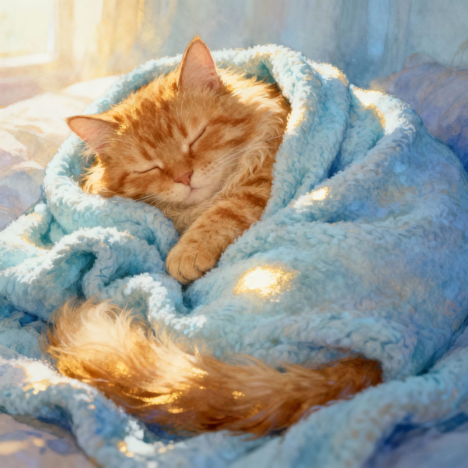 Fluffy Cat Sleeps in Pastel Blanket, Storybook Style