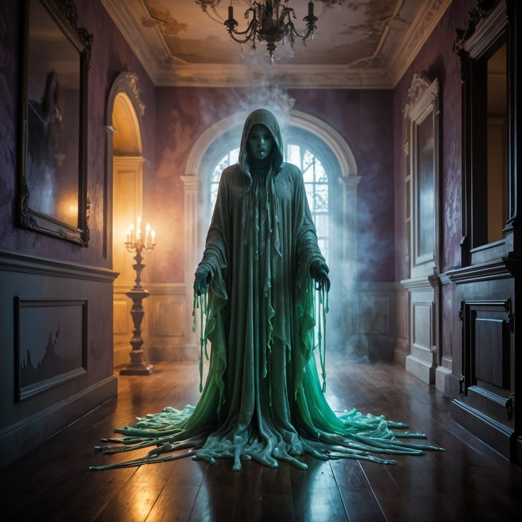 Surreal Ghost Drifts Through Baroque Mansion in Neon Cyan an...