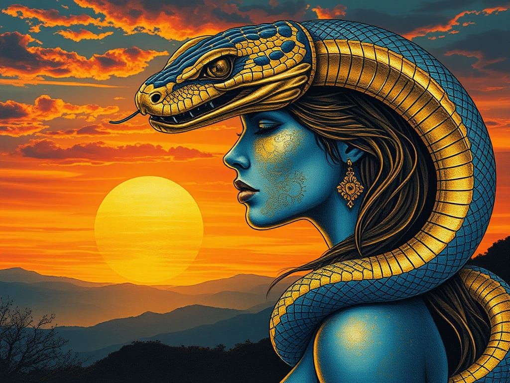 Surreal Gold and Blue Art Brut Masterpiece with Serpent and ...