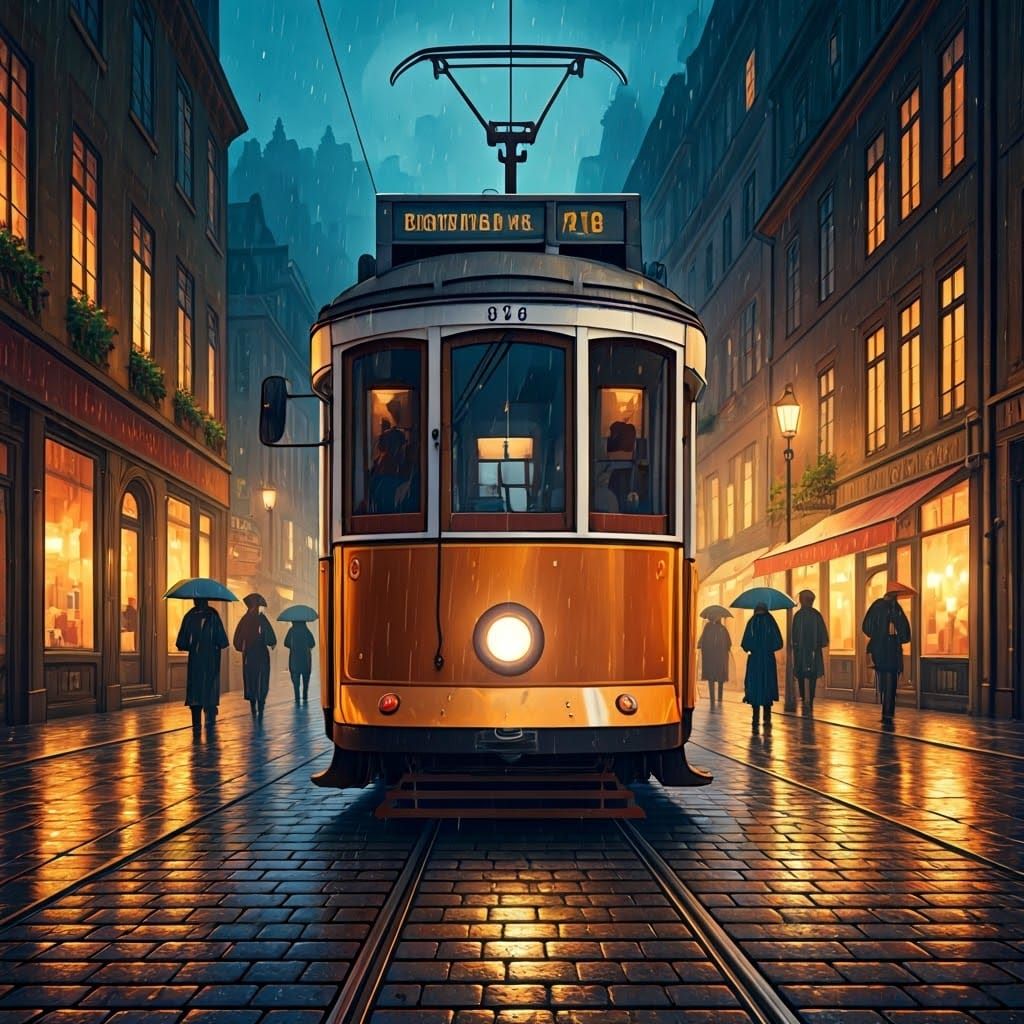 Vintage European Tram Under Rainy City Lights