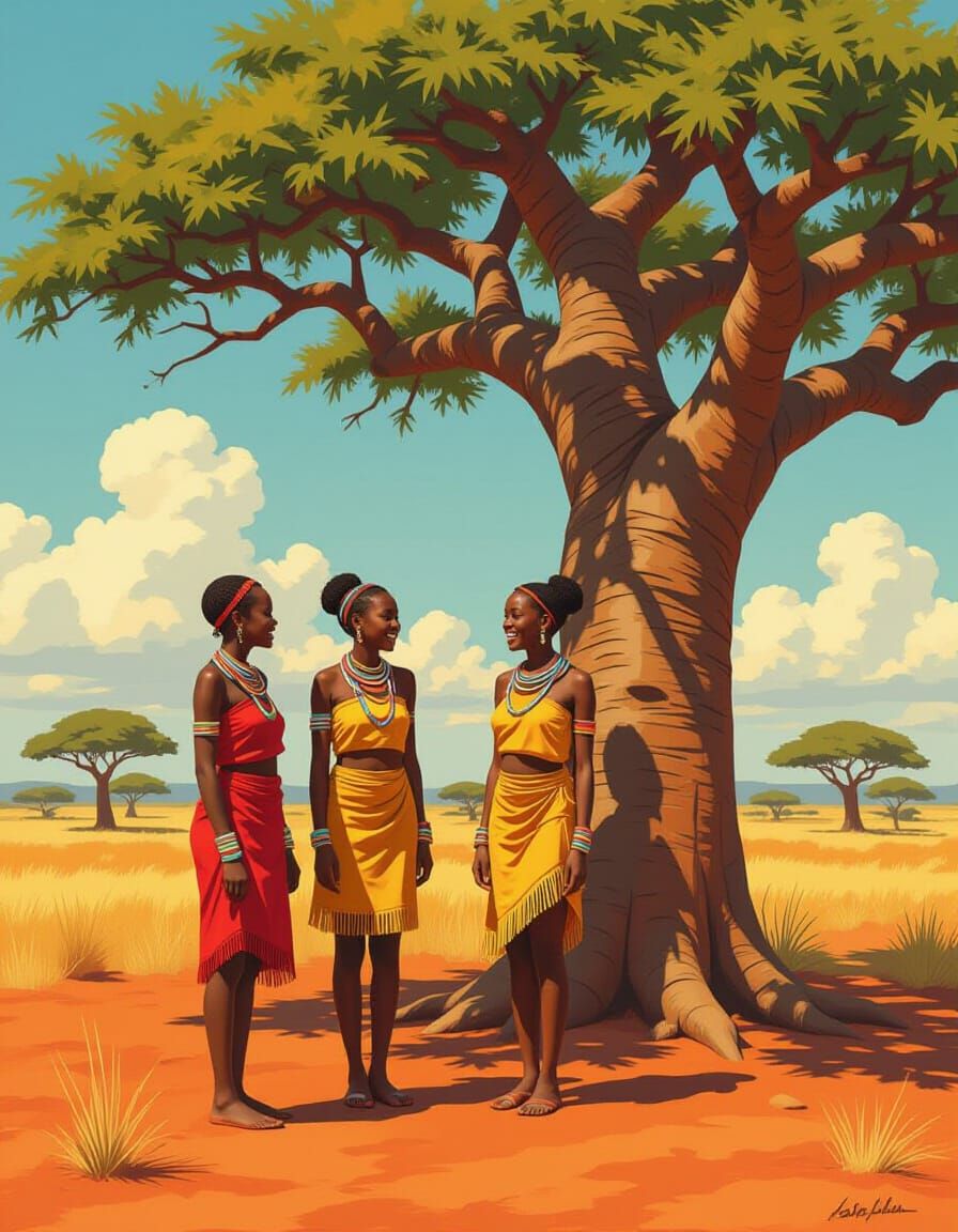 African Maidens Chatting by Baobab Tree