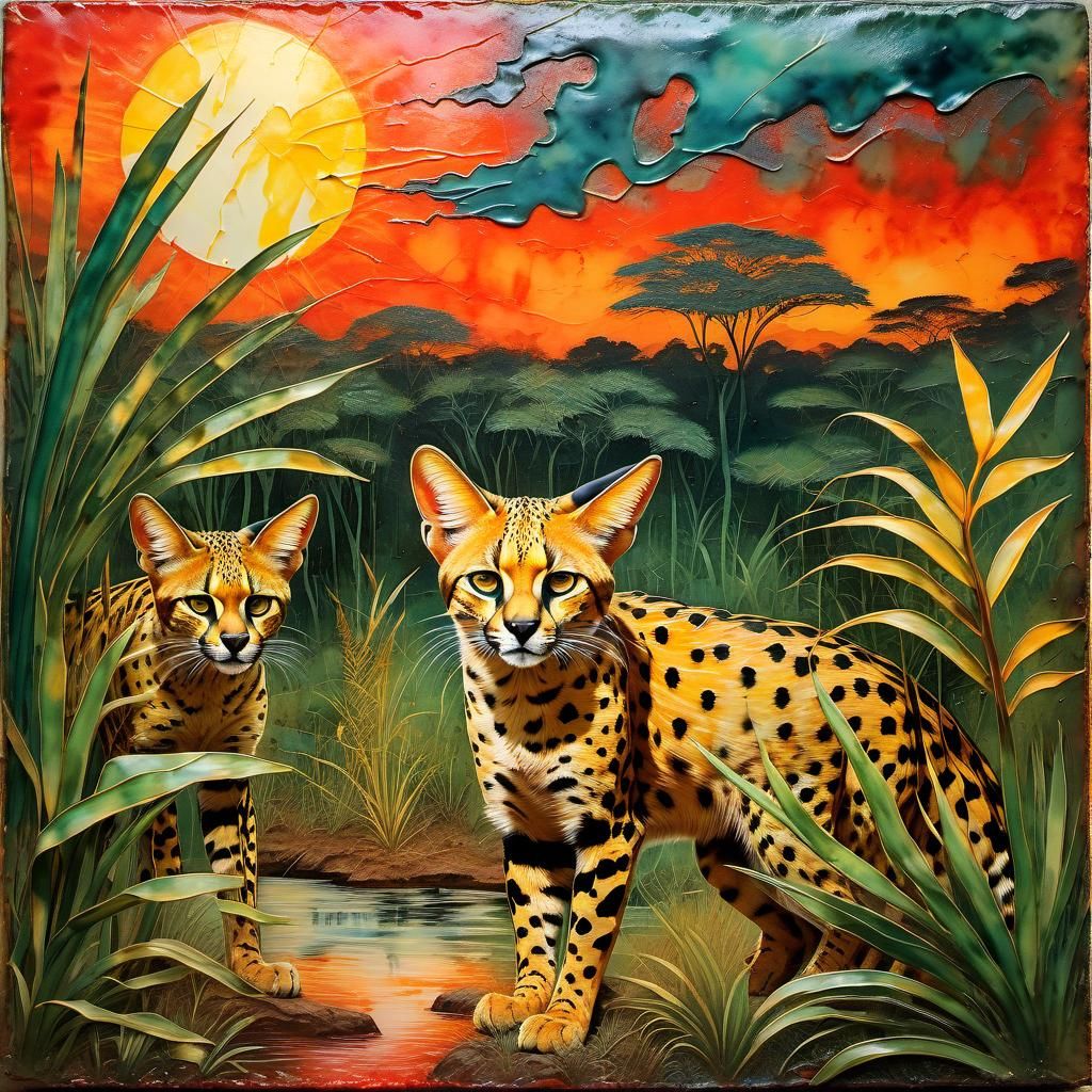 Encaustic Painting: Jackal and Jungle Cats at Sunset