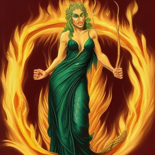 Fiery Golden Medusa Digital Art