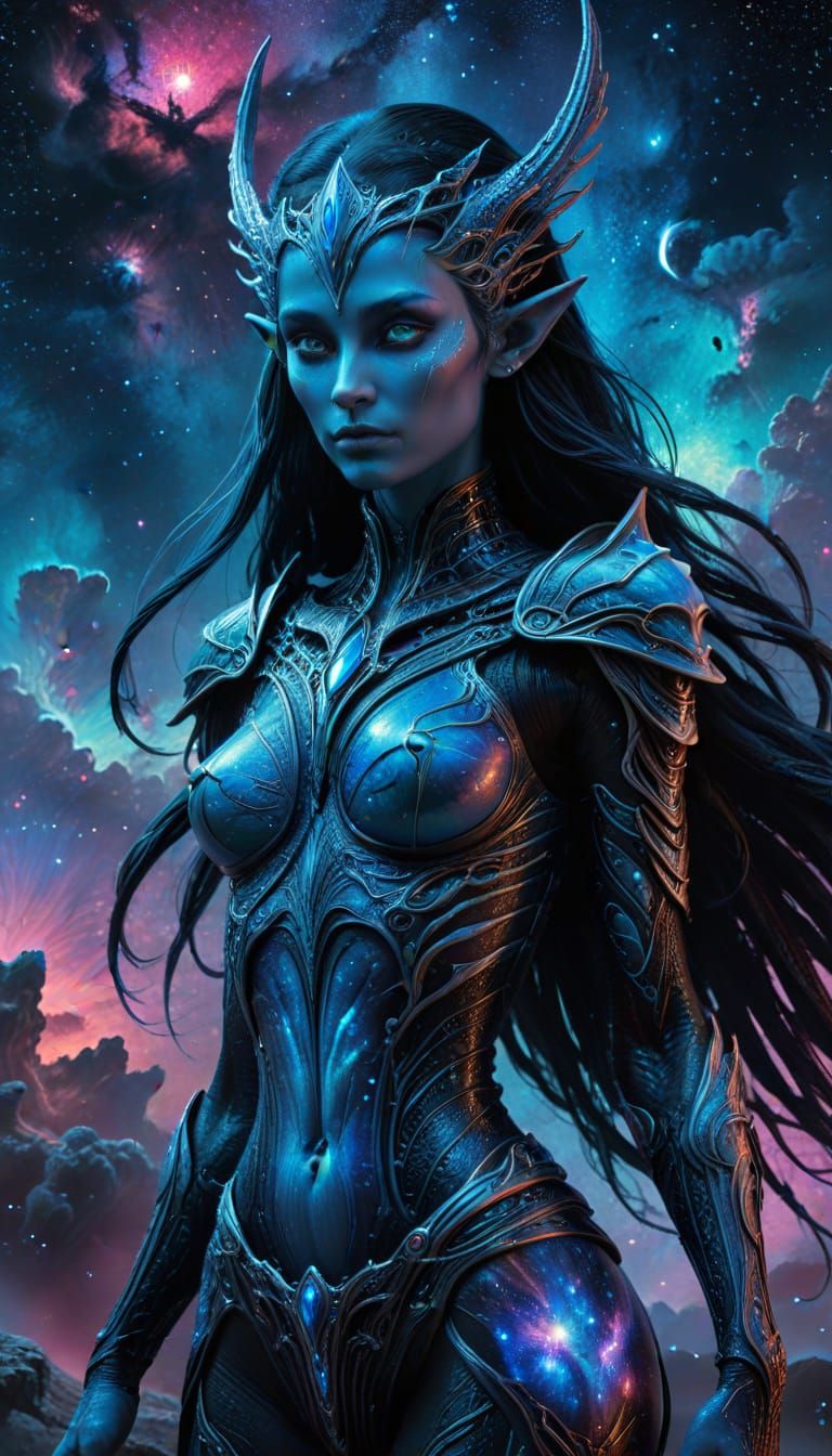 Elven Warrior Princess Guards Cosmic Nebula in Dark Fantasy