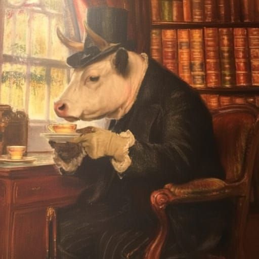 Victorian Cow Sipping Tea in Lavish Study