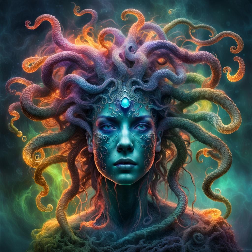 Glowing Magical Medusa in Surreal Photorealistic Style