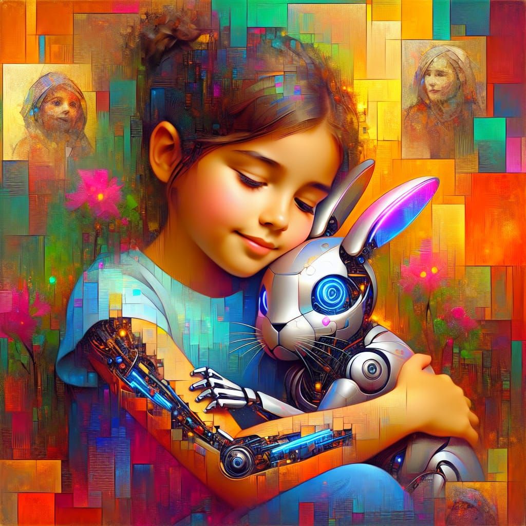 Girl with Cyborg Rabbit in Pop Art Collage