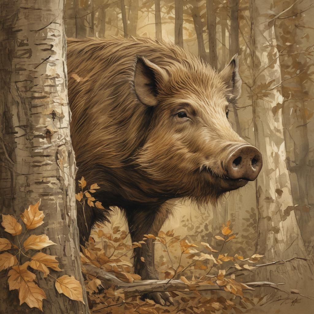 Boar in Woodland: Sepia Sketch with Watercolor Accents