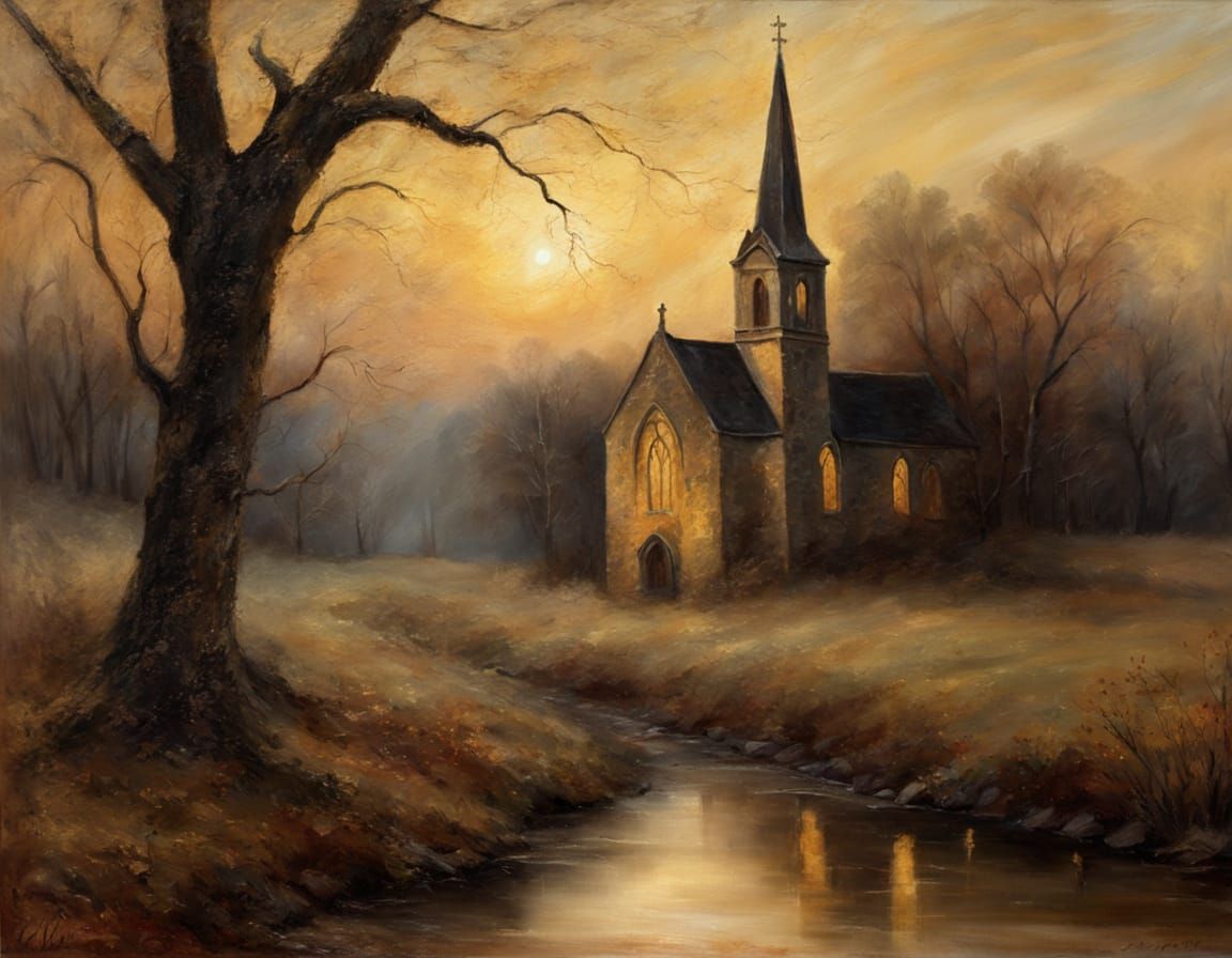 Romantic Stone Church in Golden Light: Oil Painting