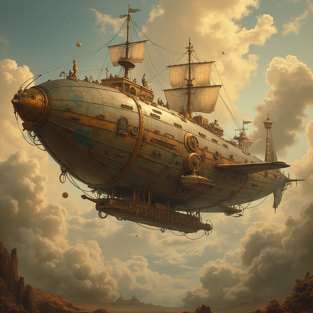 Steampunk Bird Airship Soaring in Dreamlike Sky