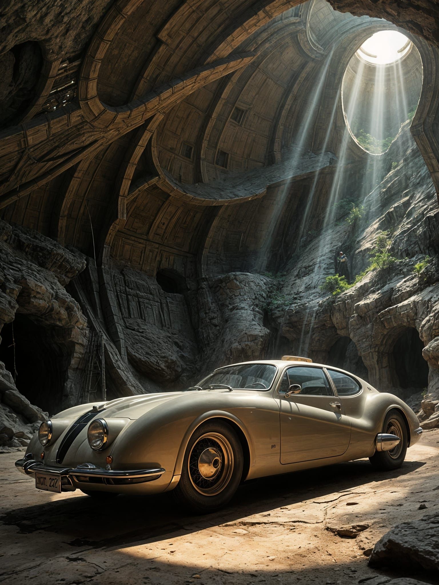 Retro-Futuristic Sedan in Steampunk Cave City