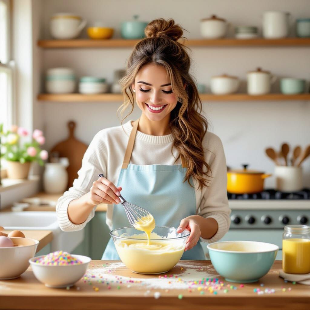Cozy Kitchen Scene with Woman Baking, Watercolor Style