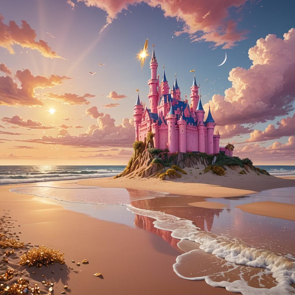 Pink Princess Castle on Beach with Unicorn, Matte Painting