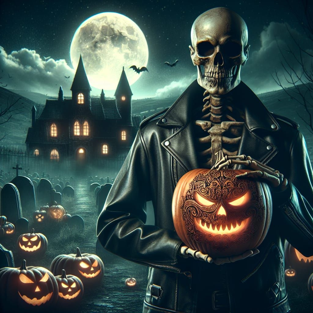 Halloween Skeleton with Pumpkin in Ominous Village