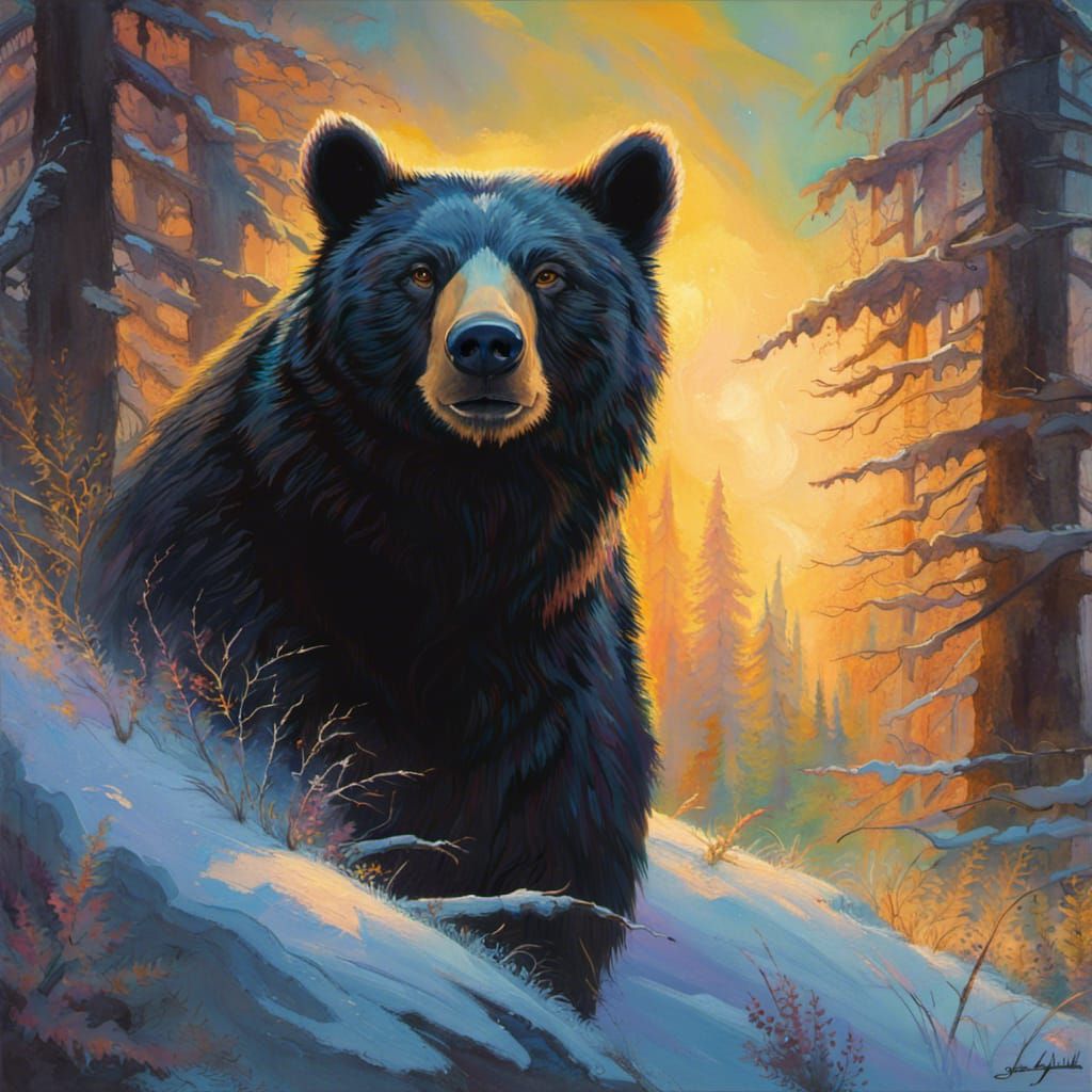 Black Bear Portrait with Golden Eyes in Fantasy Style