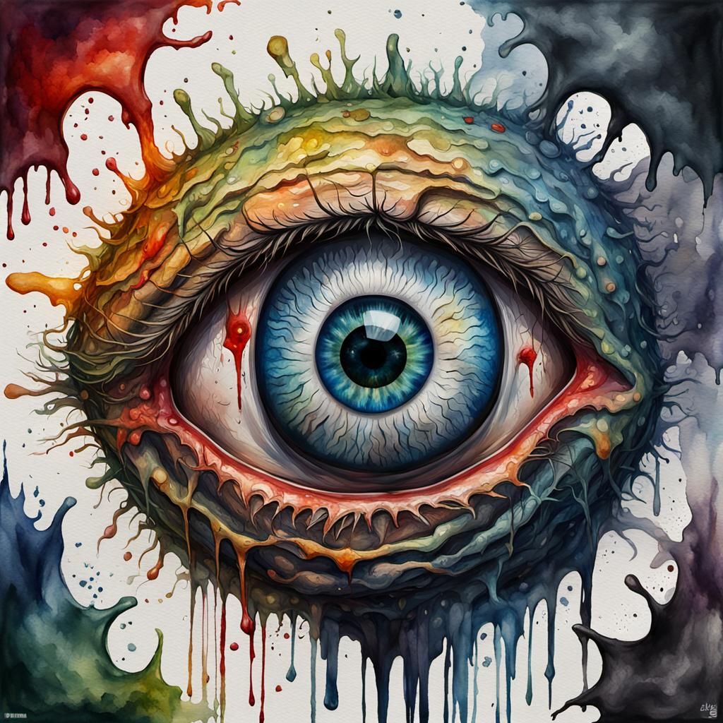 Grotesque Eyeball Head in Watercolor Impasto Style