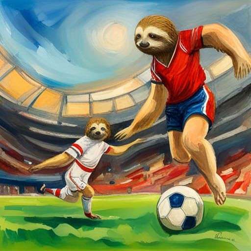 Sloths Play Soccer: Gouache and Watercolor Masterpiece