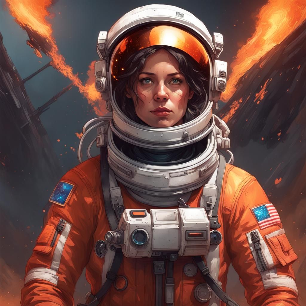 Astronaut Portrait Amid Burning Wreckage