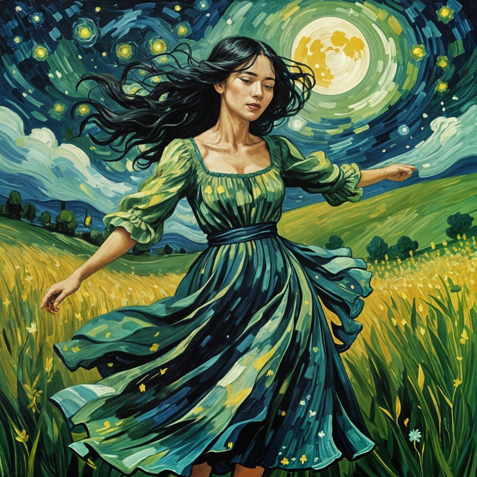 Woman Dancing in Field at Night, Van Gogh Style