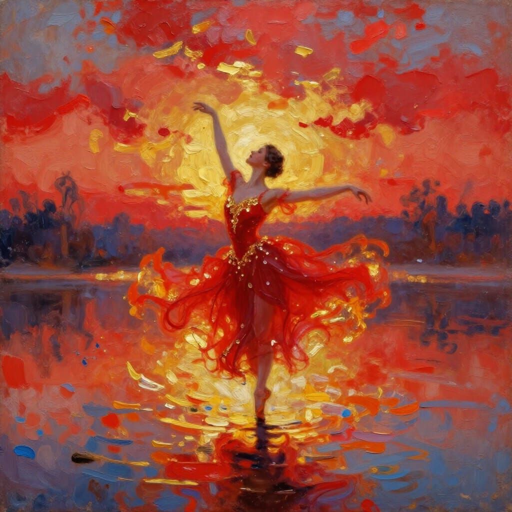 Crimson Dancer on Fire Lake in Neo-Impressionist Style