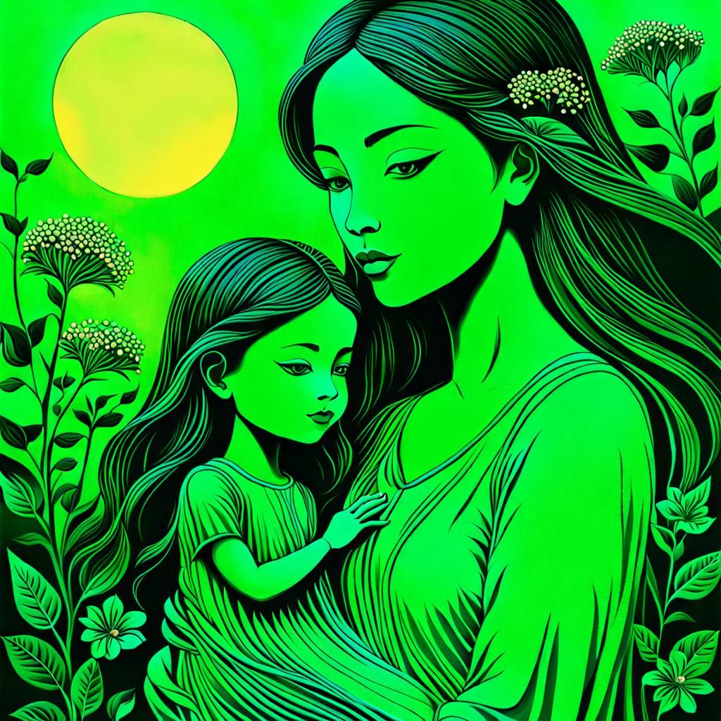 Green Dreamscape: Mother and Child in Art Brut Style