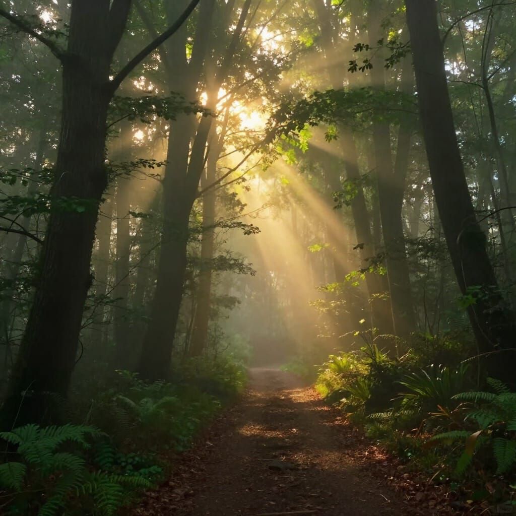 Mystical Foggy Forest Trail with Sunlight