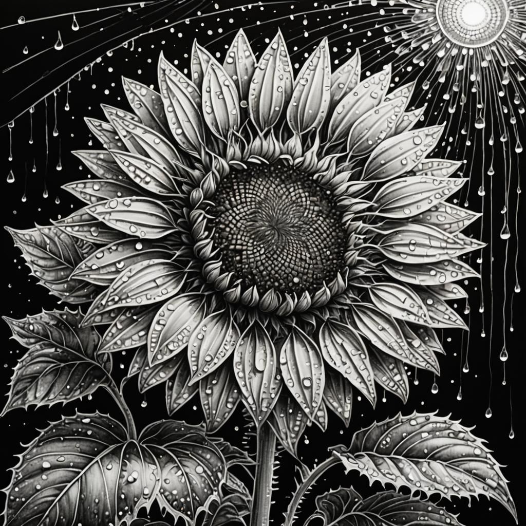 Monochromatic Zentangle Sunflower with Raindrops