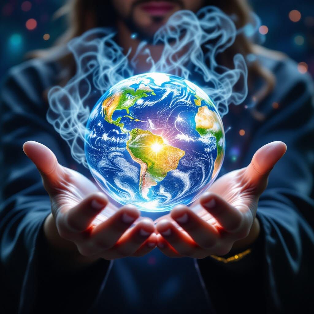 Magician Manipulating Crystal Sphere with Astral Elements