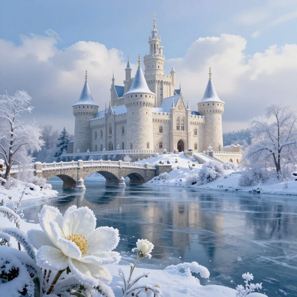 Majestic Snow Castle on Frozen River