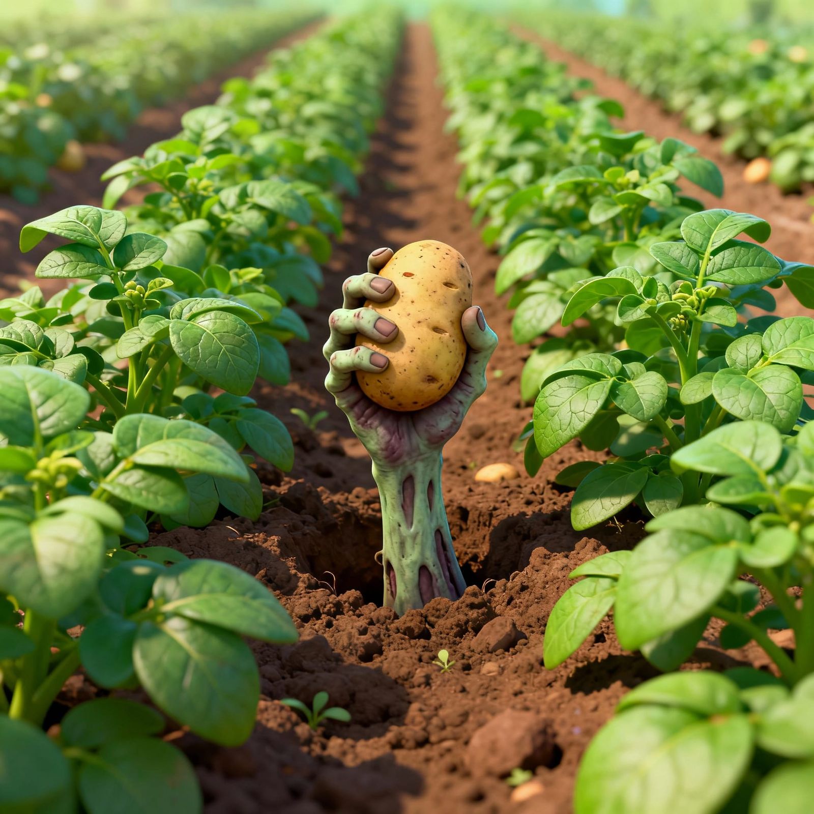 Zombie Hand Grabs Potato from Field in Cartoon Style