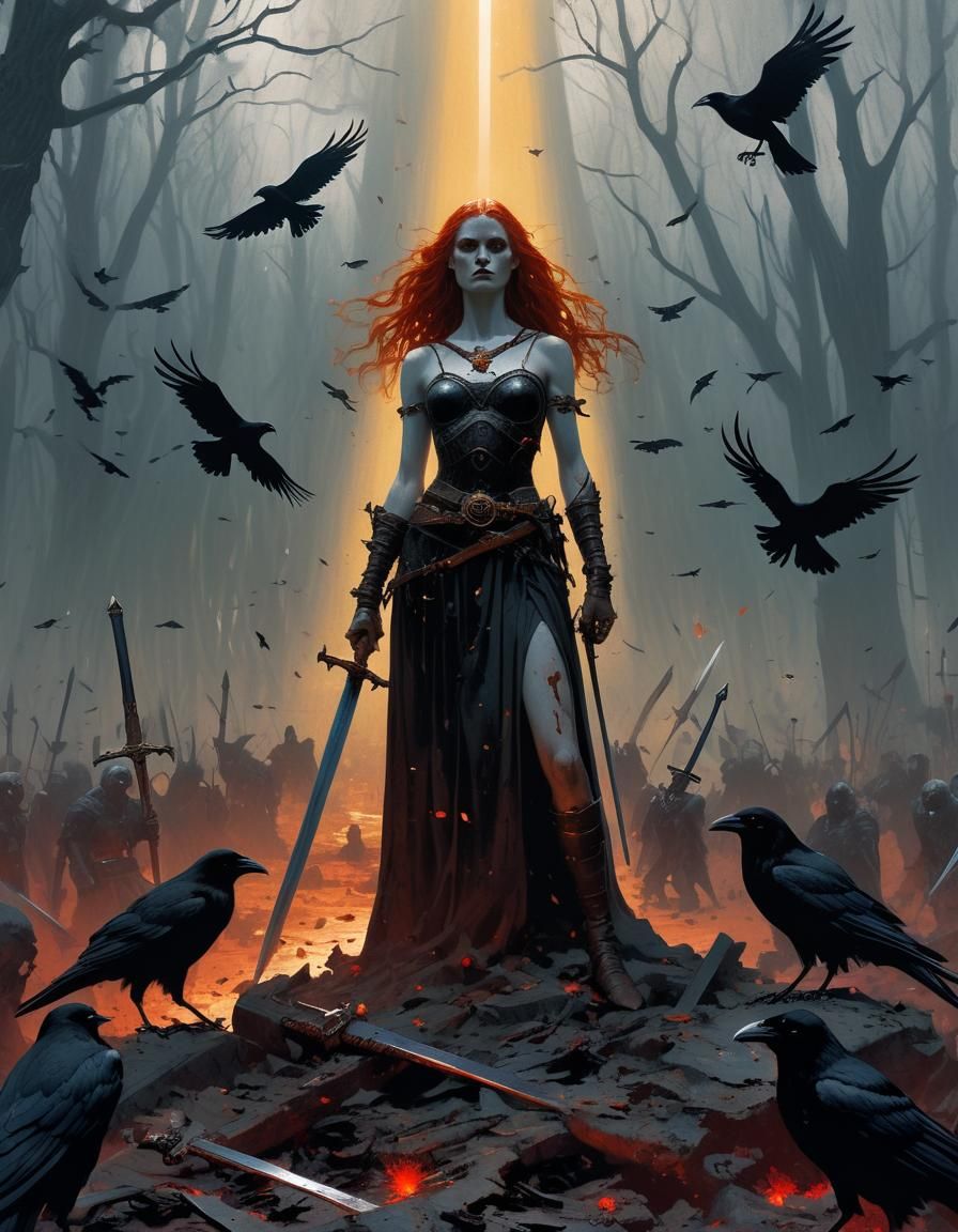 Goddess Badb Amidst Carnage, a Dark Fantasy Illustration