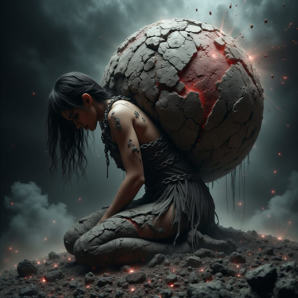 Surreal Fantasy Scene of a Female Figure Under the Weight of...