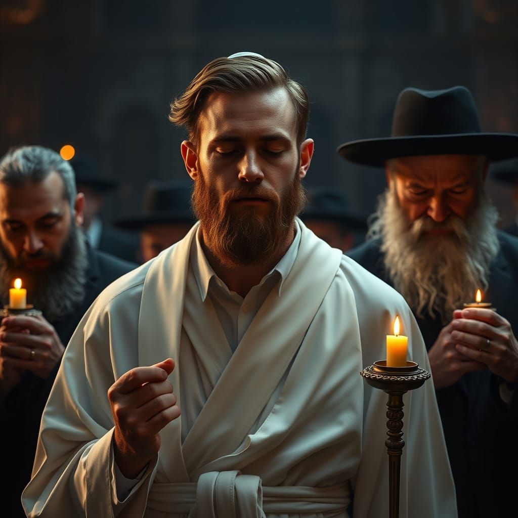 Orthodox Jewish Groom in Traditional Attire, Surrounded by M...