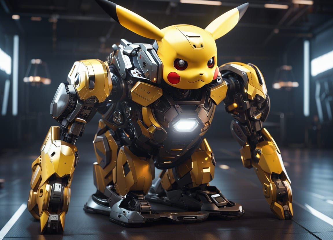 Robotic Pikachu with Lightning in Sci-Fi Gym