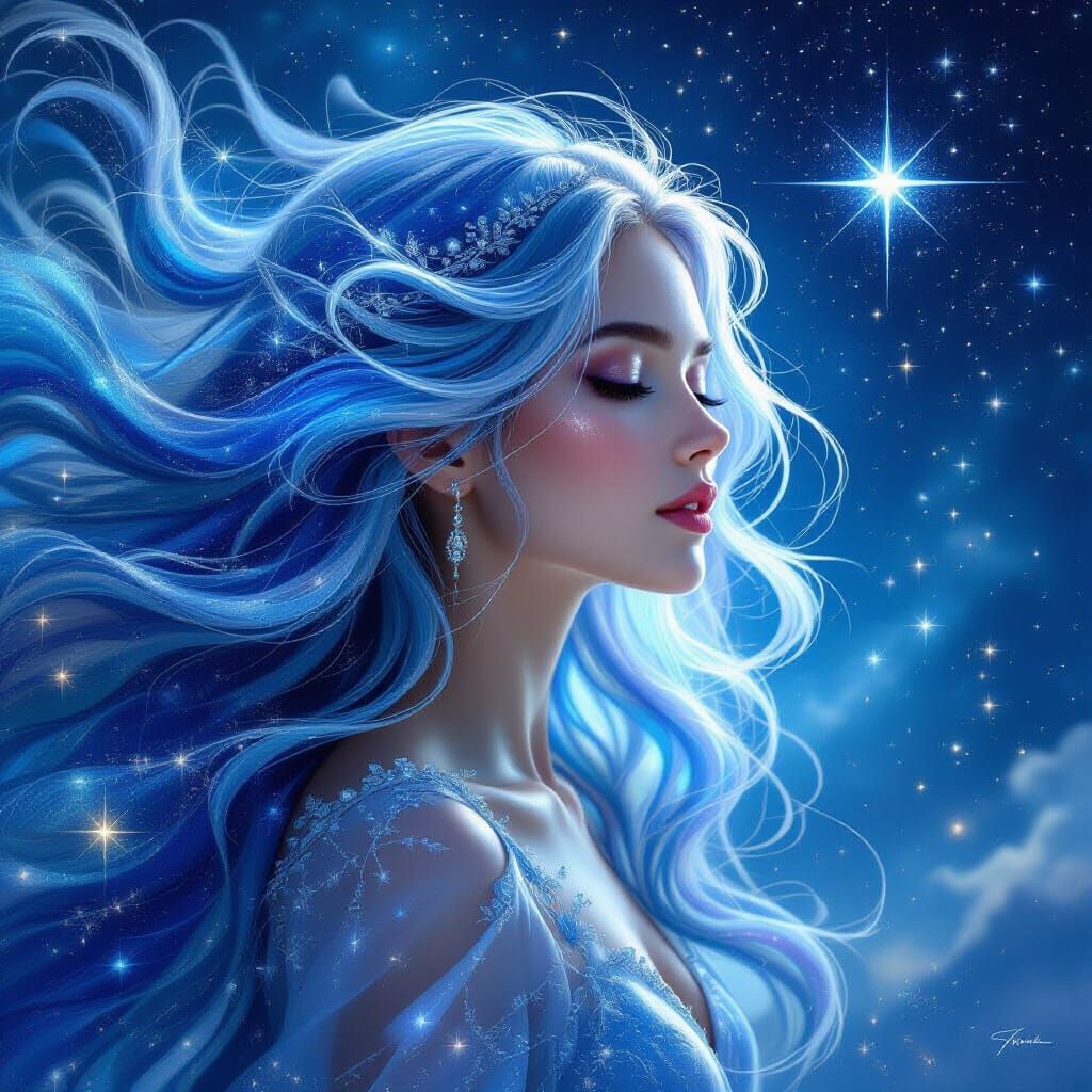 Celestial Woman Merging Into Starry Night Sky