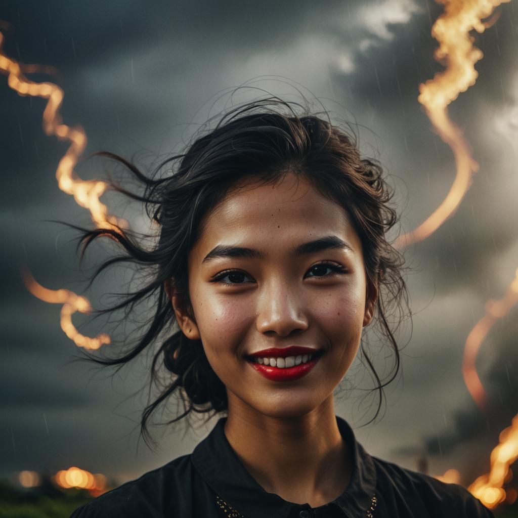Javanese Girl in Tornado: Gothic Portrait in Oil Paint Style