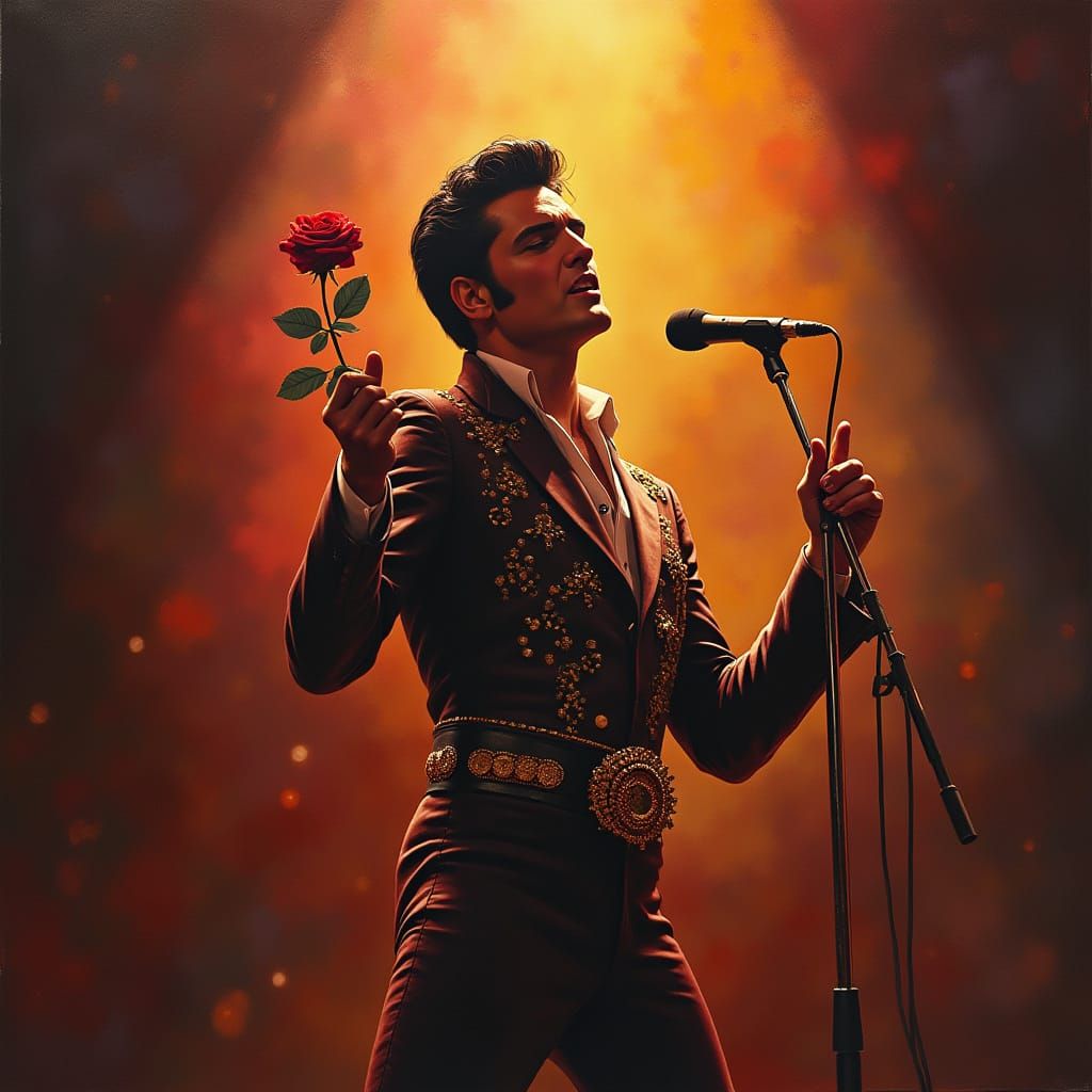 Elvis Presley Performing Live in Oil Painting Style