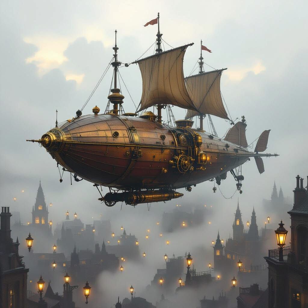 Steampunk Airship Over Victorian City in Fog